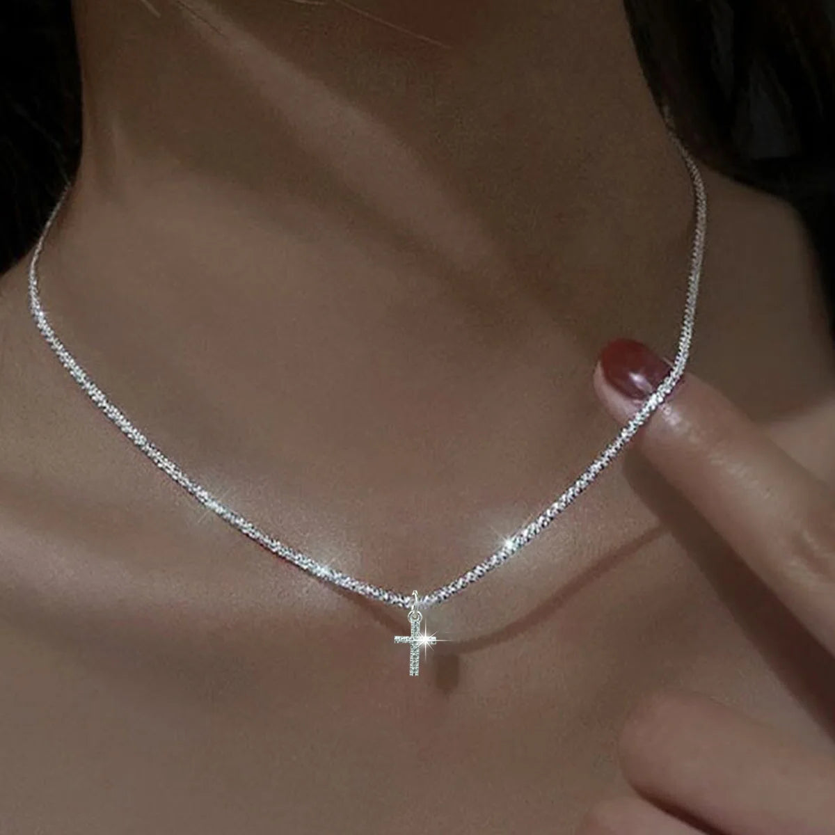 Luxury Crystal Cross 925 Sterling Silver Pendant Necklace for Women Choker Fine Jewelry Accessories