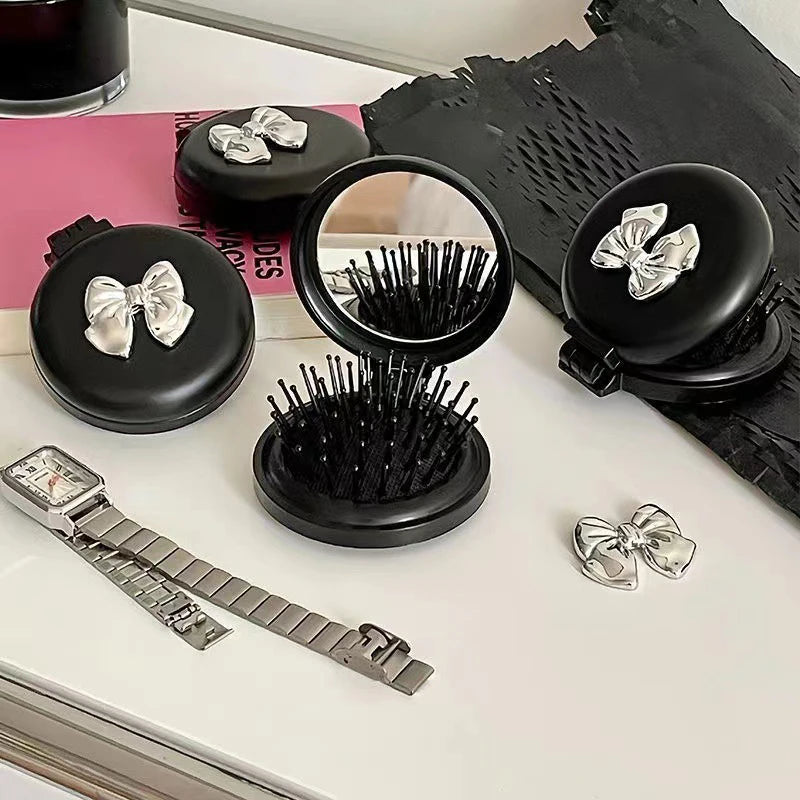 Beautiful Folding Brush With Makeup Mirror Travel Portable Plastic Case Small Comb Hair Brush Bow Tie