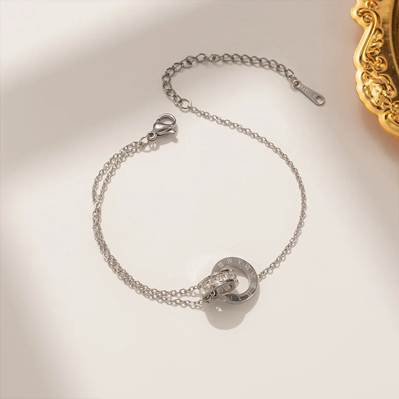 Dazzling Luxury Roman Numbers Stainless Steel Crystal Charm Bracelets for Women Girls Fashion Jewelry Accessories