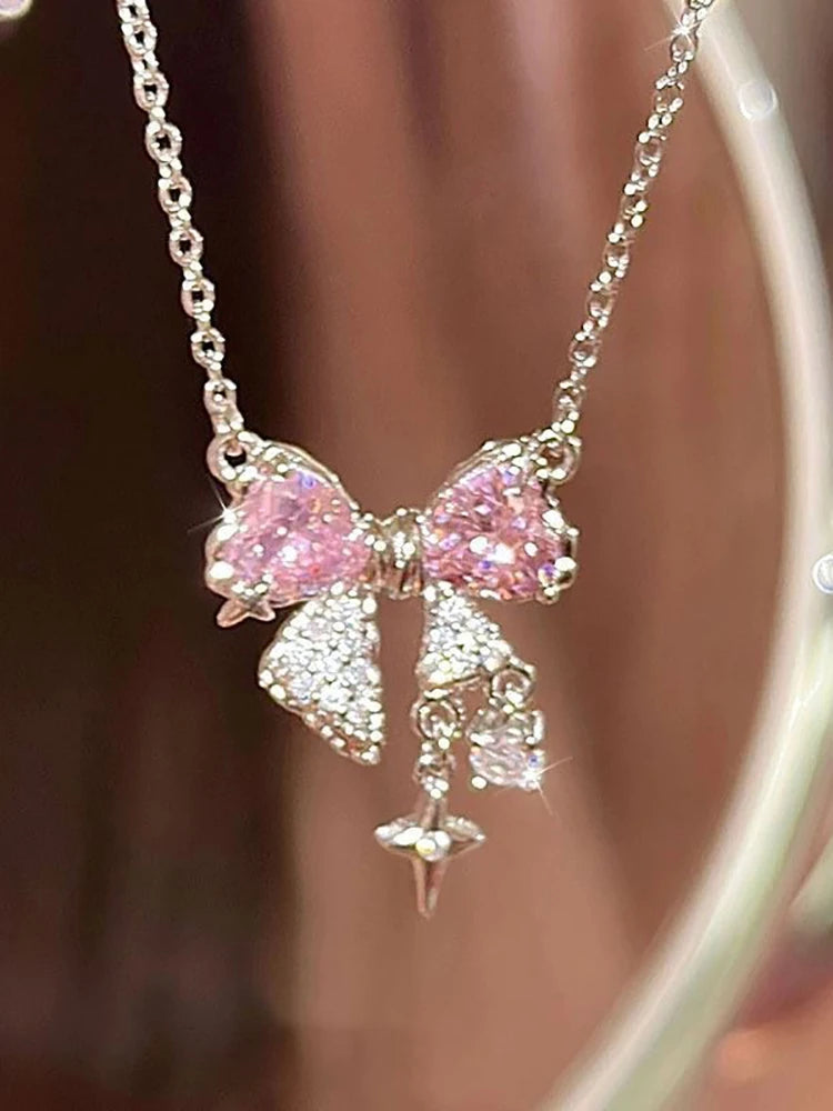 Elegant Pink Bow and Star Crystal Pendant Necklace for Women Fashion Sparkling Rhinestone Clavicle Chain Jewelry Accessories