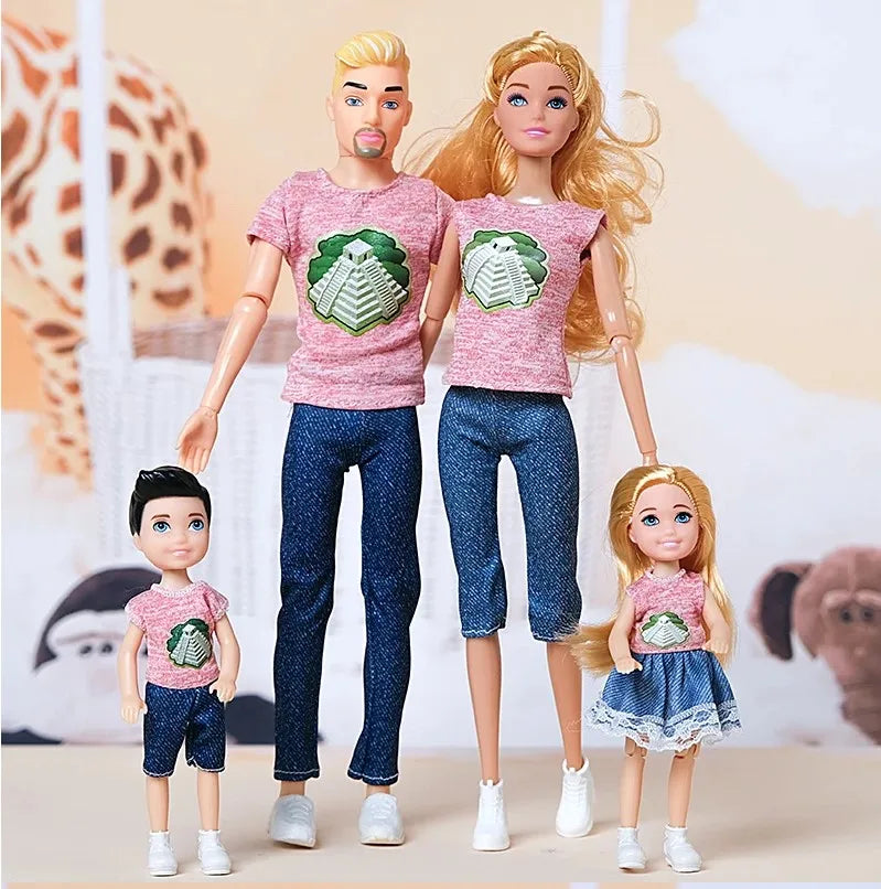 Family Doll Toy Set of 4 People Mom Dad Kids Dress Up Doll Kids Toys Full Set With Clothes for Girl Boy Education Birthday Gift 30cm