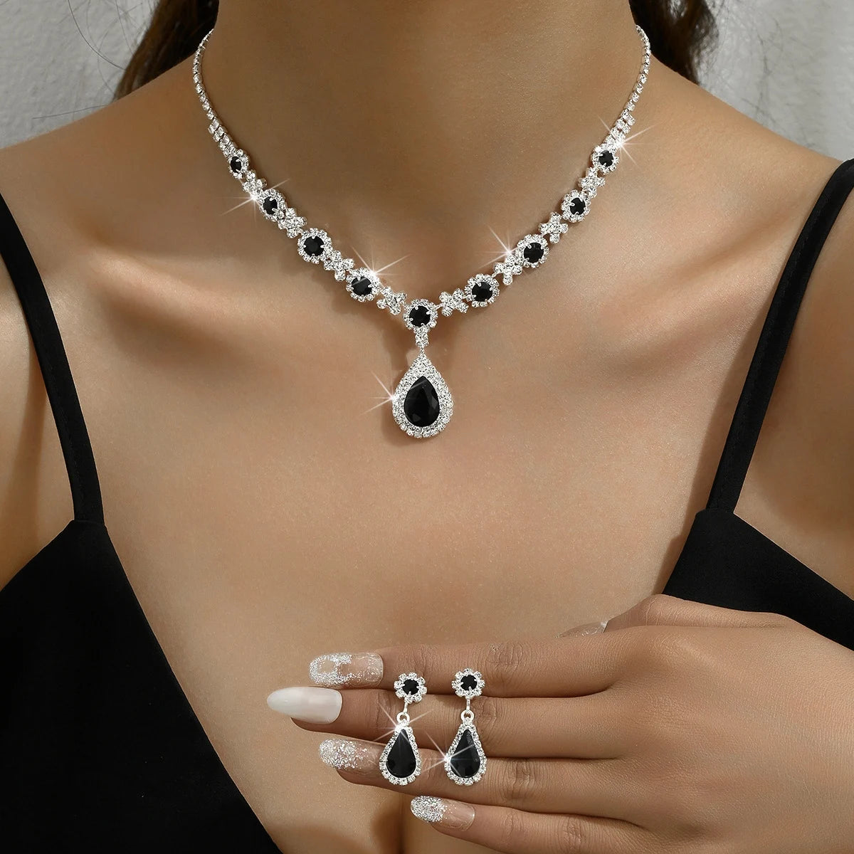 Crystal Droplet Necklace and Earrings Set 3pcs Women's Bridal Wedding Evening Dress Jewelry Accessories