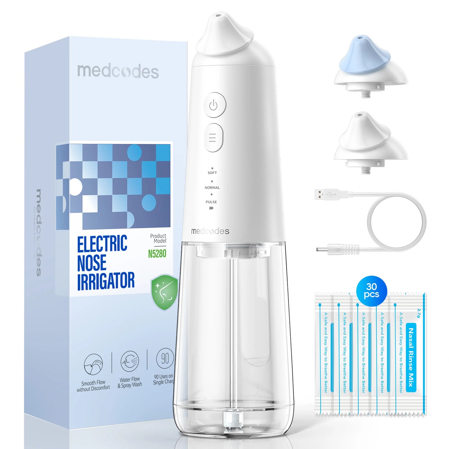 Electric Pulsating Sinus Nose Rinse Irrigator Cleaner for Sinus Relief & Nasal Care Neti Pot Nose Cleaner with 30 Salt Pods Nasal Wash Kit