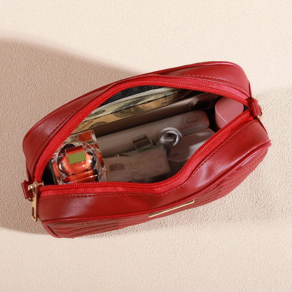 Trendy Quilted Detail Solid Color Leather Square Shoulder Bag Zipper Crossbody Handbag Purse For Women