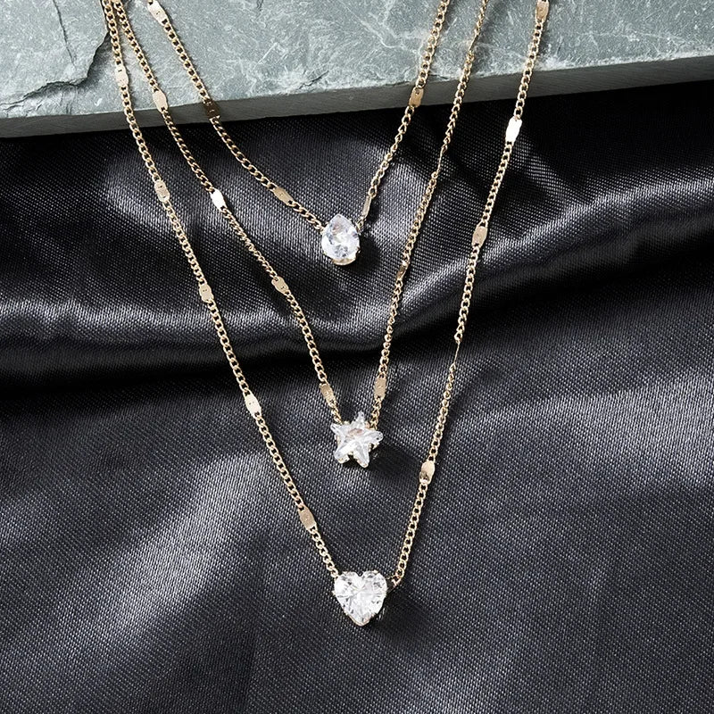 Beautiful Rhinestone Love Heart Star Drop Pendant Necklaces for Women Girls Silver Gold Color Multilayer Thin Chain Choker 3pcs Set Neck Jewelry