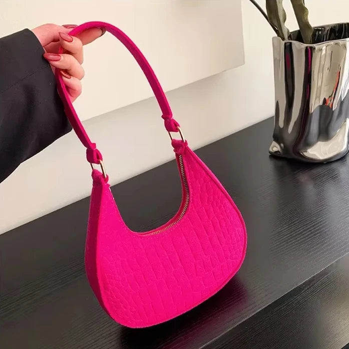 Women's Fashion Casual Felt Stone Pattern Shoulder Saddle Handbag Purse Underarm Crescent Messenger Bags