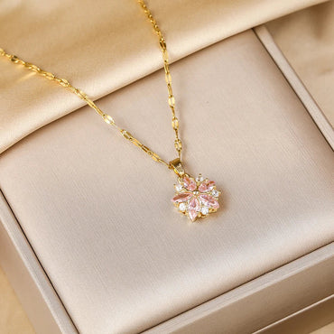 Beautiful Crystal Pink Sakura Pendant Stainless Steel Necklaces for Women Fashion Clavicle Chain Jewelry Accessories