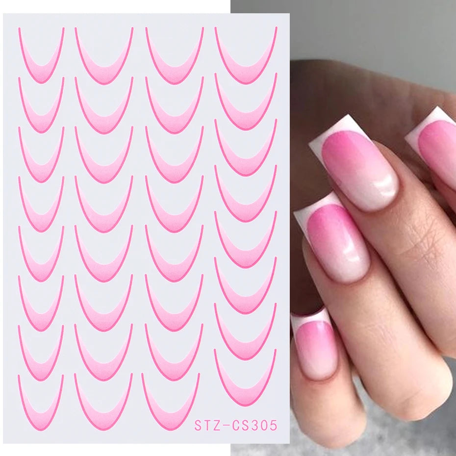 French Manicure Self-Adhesive Nail Stickers Gradient Stripe Lines Sliders Ombre Designs Nail Art Decals DIY Decoration 6 Cards
