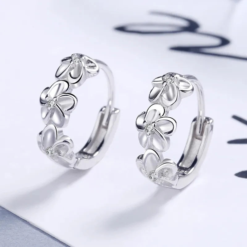 Elegant Crystal Flowers 925 Sterling Silver Hoop Earrings for Women High Quality Fashion Jewelry Accessories