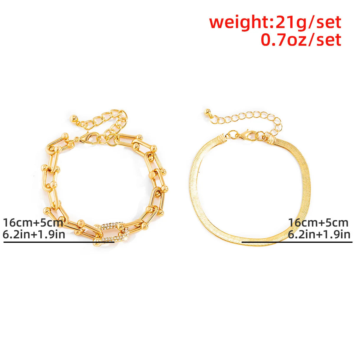 Luxurious Trendy Crystal U-Shape Links and Snake Chain Set Bracelets for Women Fashion Jewelry Accessories