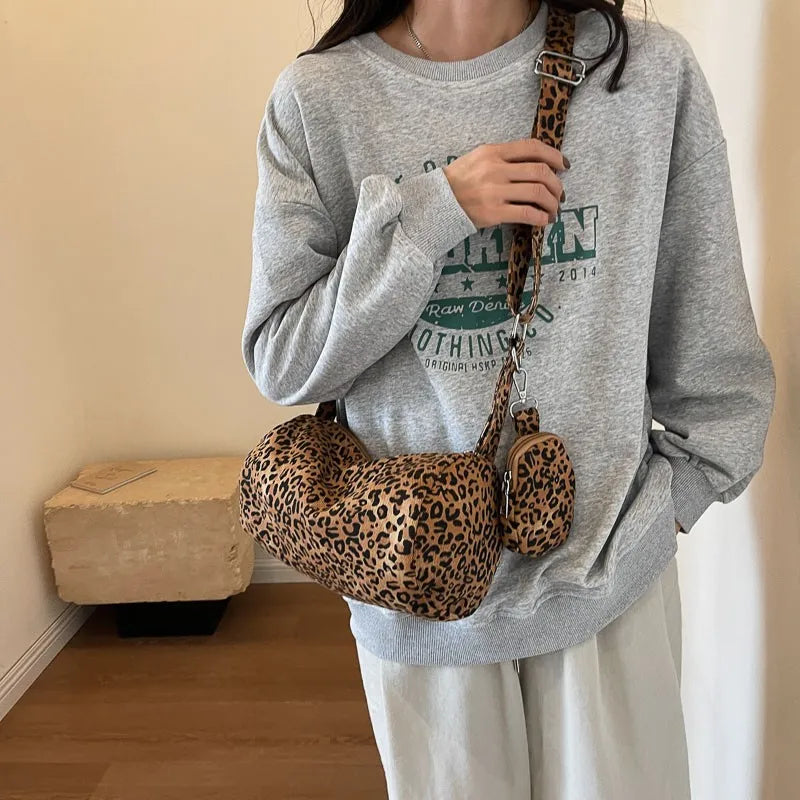 Stylish 2 in 1 Leopard Print Pillow Style Canvas Handbag and Mini Purse Set for Women New Trendy Fashion Shoulder Bag Commuting Versatile Crossbody Bag