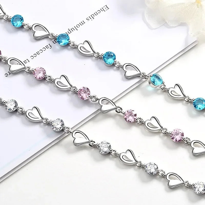Elegant Crystal Heart 925 Sterling Silver Bracelets for Women Fine Charm Jewelry Accessories