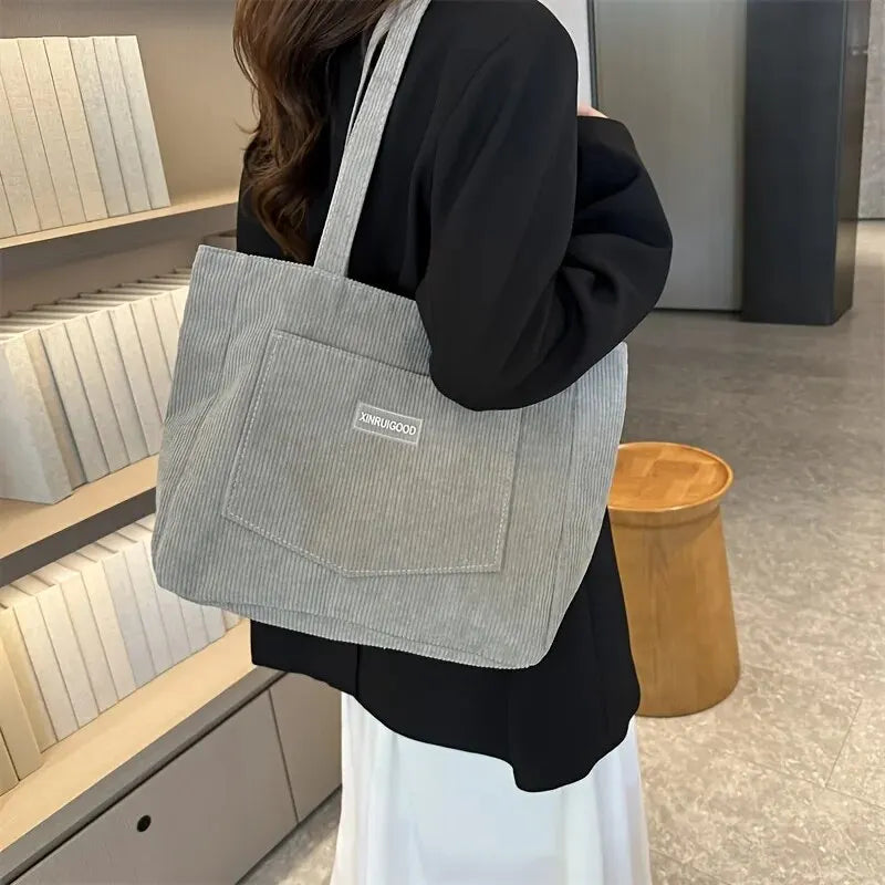 Trendy Corduroy Large Capacity Women's Tote Shoulder Bag Handbag With Front Pocket