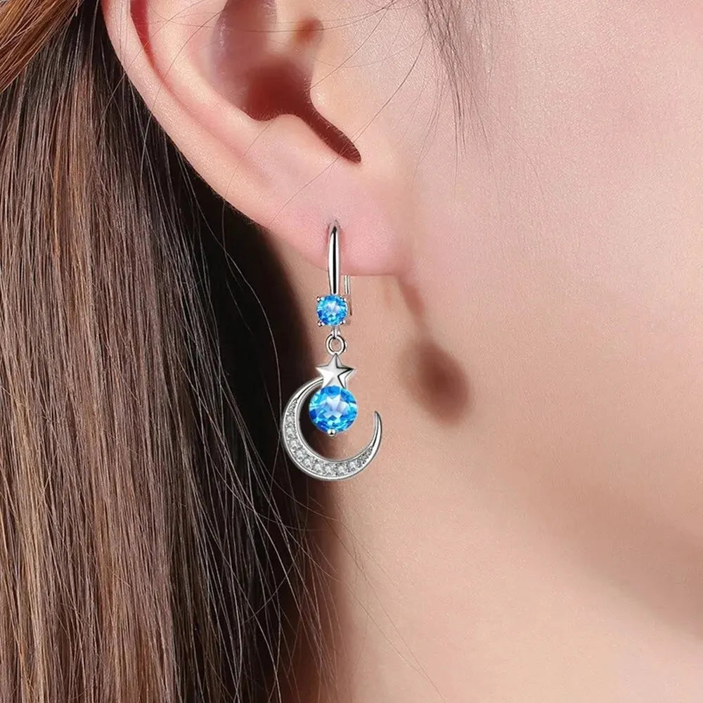 Elegant Crystal Star Moon 925 Sterling Silver Drop Dangle Earrings for Women Fashion Trendy Jewelry Accessories