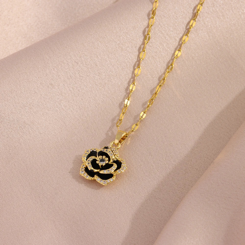 Modern Luxurious Black Rose Crystal Pendant Stainless Steel Necklaces and Earrings for Women Fashion Trendy Jewelry Accessories