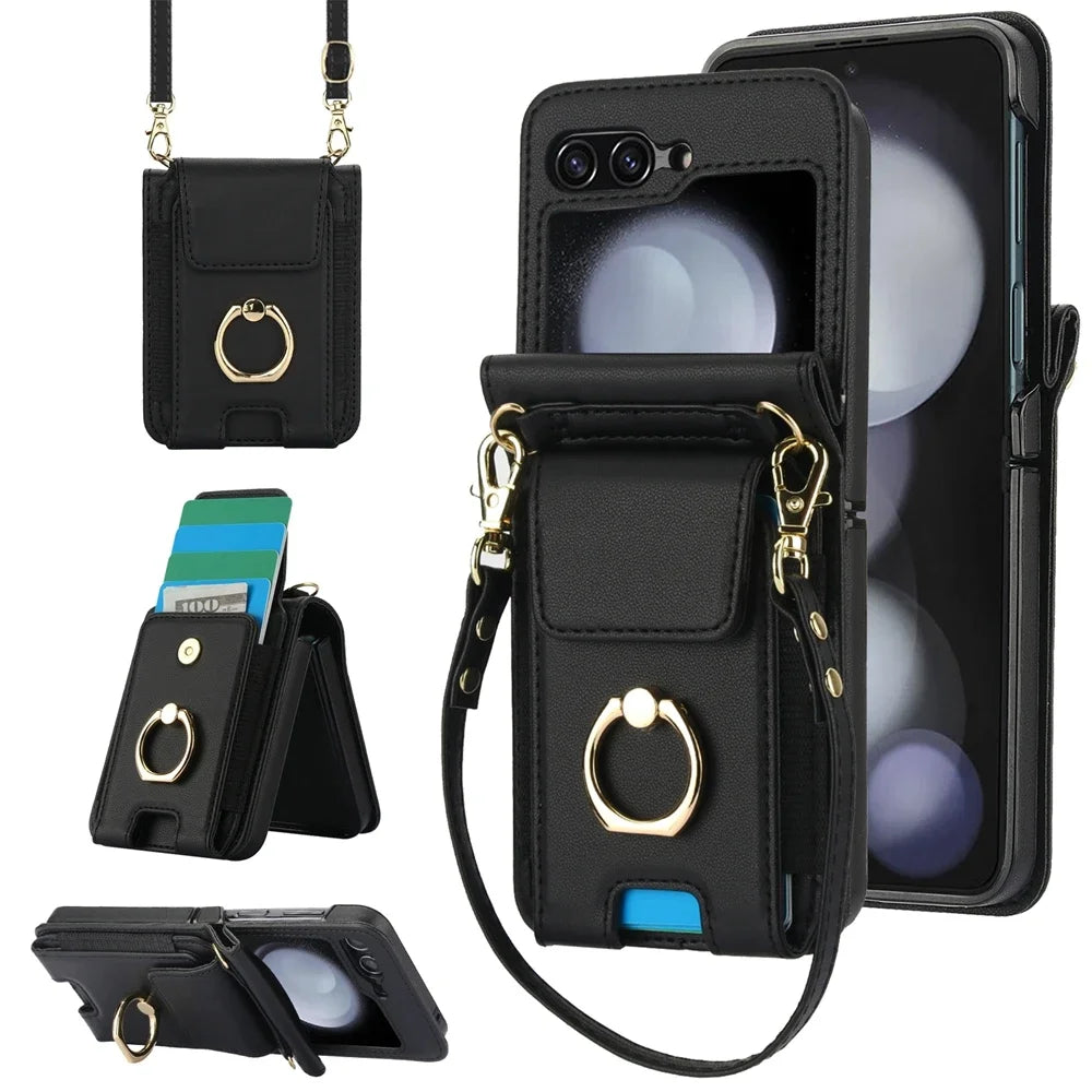 Deluxe Crossbody Lanyard Leather Flip Wallet Case for Samsung Galaxy Z Flip 6 5 4 3 Models Ring Bracket Shockproof Protective Shell Card Holder Phone Cover Bag