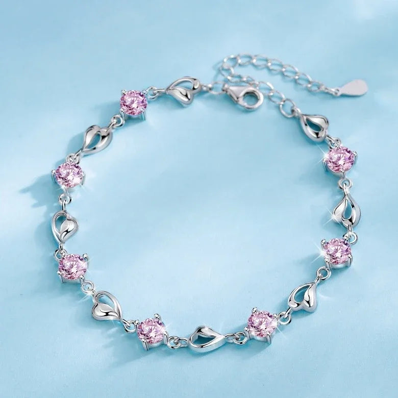 Elegant Crystal Heart 925 Sterling Silver Bracelets for Women Fine Charm Jewelry Accessories