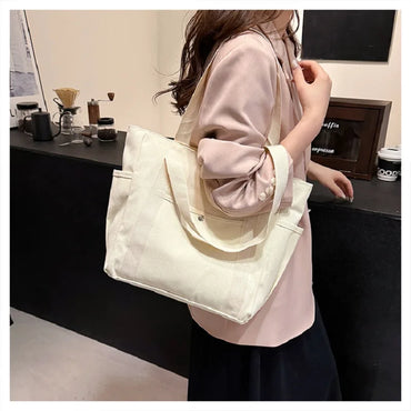 Versatile Canvas Shoulder Tote Bag Unisex Large Capacity Messenger Handbag Casual Student Commuting Zipper Square Bag