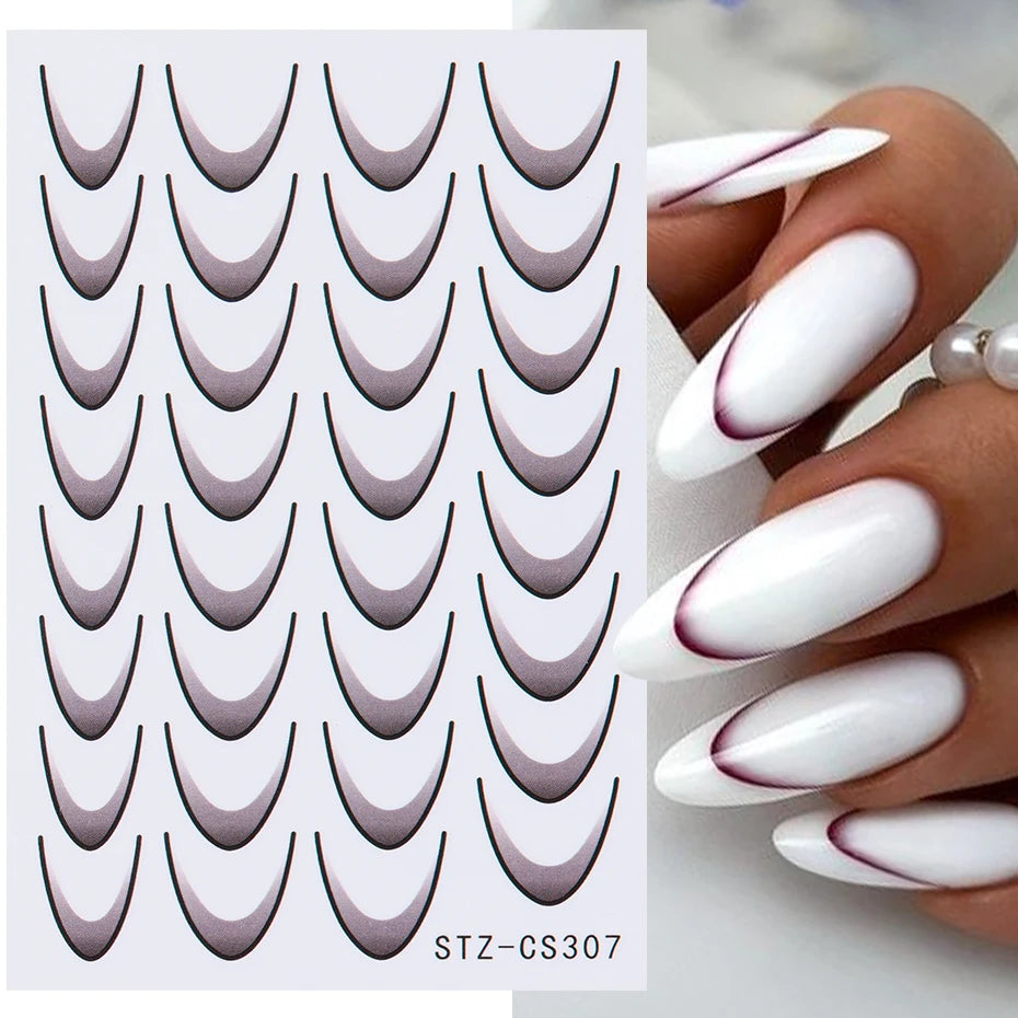 French Manicure Self-Adhesive Nail Stickers Gradient Stripe Lines Sliders Ombre Designs Nail Art Decals DIY Decoration 6 Cards