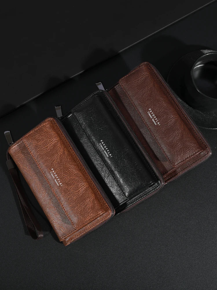 High Quality Men's Leather Zipper Long Phone Wallet Large Capacity Clutch Bag Multi Card Holder Coin Purse Double Layer Strap Wallet