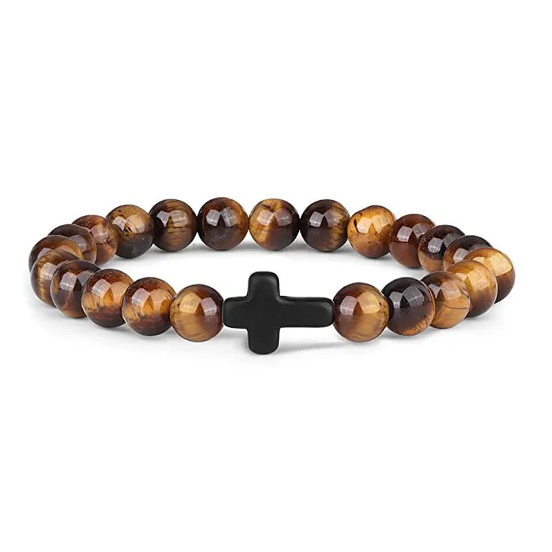 Rosary Cross Natural Stone Wood Beads Hematite Bracelets Prayer Meditation Bracelet for Men Women Yoga Jewelry