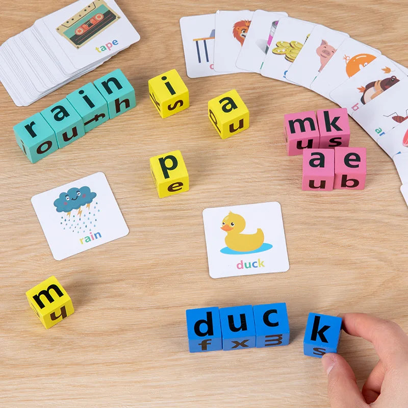 Exciting Word Alphabet Learning Spelling Game Toy for Preschool Boys and Girls, Letters Reading Wooden Building Blocks with 40 Cards
