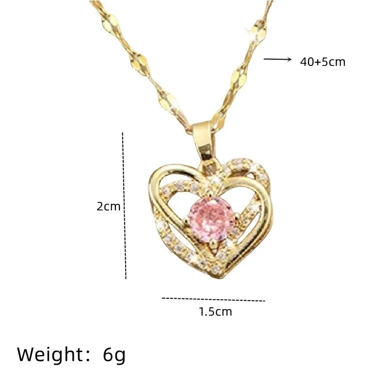 Luxury Crystal Love Heart Gold Plated Stainless Steel Chain Pendant Necklace for Women Jewelry Accessories