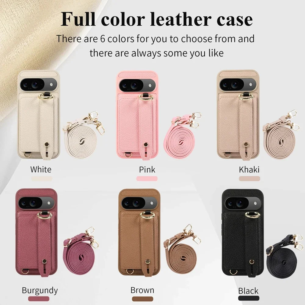 Exquisite Crossbody Leather Wallet Case for Google Pixel 9 8 Pro 8a 7a Models Ring Holder with Wrist Strap Shockproof Phone Case Cover Shell