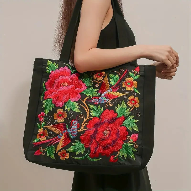 Elegant Flower Embroidery Canvas Tote Shoulder Bag Large Capacity Handbag For Women