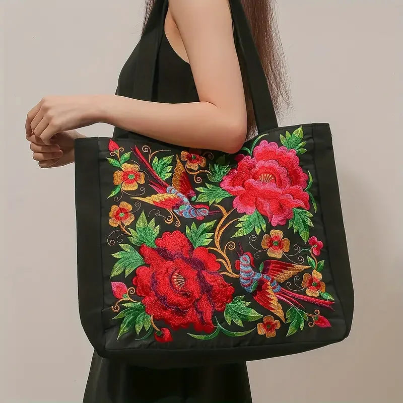 Elegant Flower Embroidery Canvas Tote Shoulder Bag Large Capacity Handbag For Women