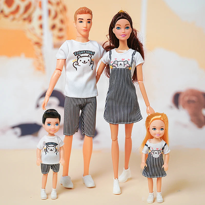 Family Doll Toy Set of 4 People Mom Dad Kids Dress Up Doll Kids Toys Full Set With Clothes for Girl Boy Education Birthday Gift 30cm
