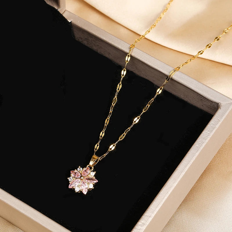Beautiful Crystal Pink Sakura Pendant Stainless Steel Necklaces for Women Fashion Clavicle Chain Jewelry Accessories