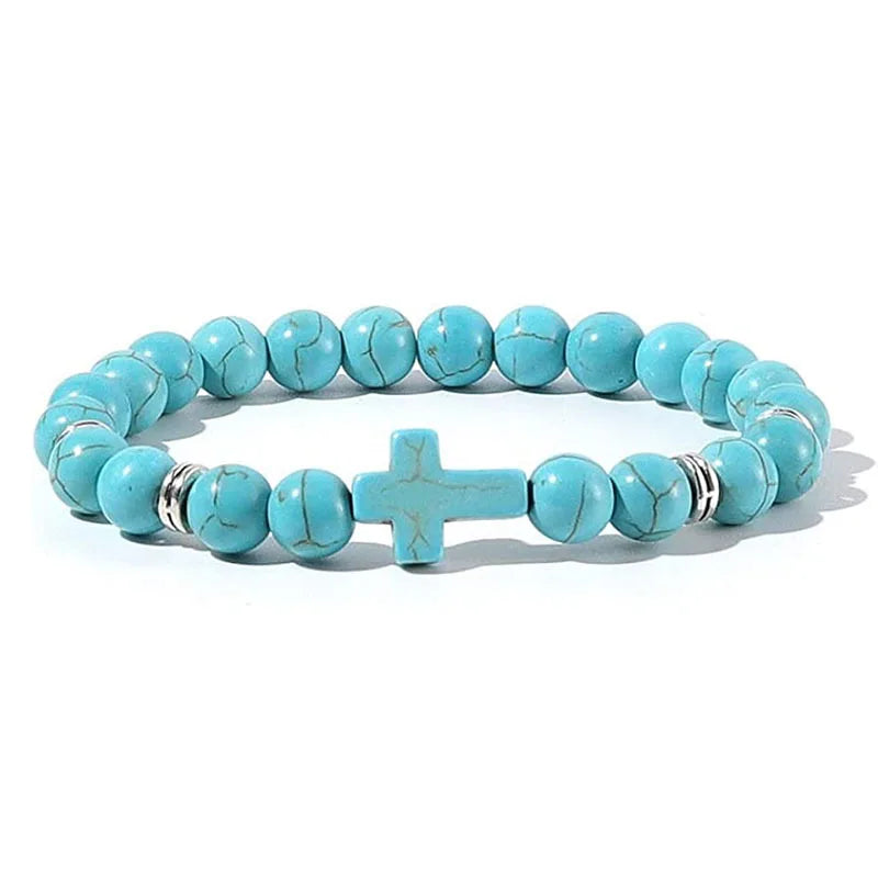 Rosary Cross Natural Stone Wood Beads Hematite Bracelets Prayer Meditation Bracelet for Men Women Yoga Jewelry