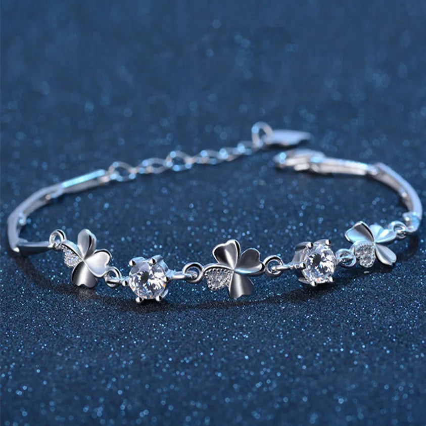 Luxury Crystal Lucky Clover 925 Sterling Silver Bracelets for Women Fine Jewelry Accessories