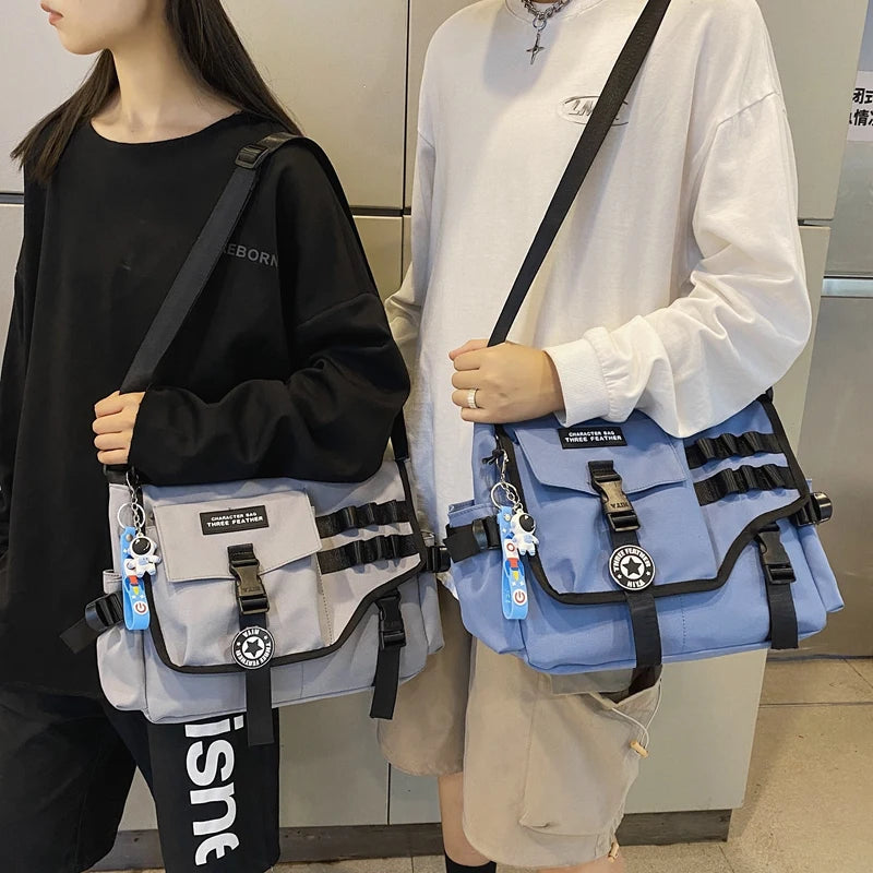 Unisex Nylon Fabric Multi Pockets Large Capacity Shoulder Messenger Bags Shopper Tote School Work Satchels Handbags