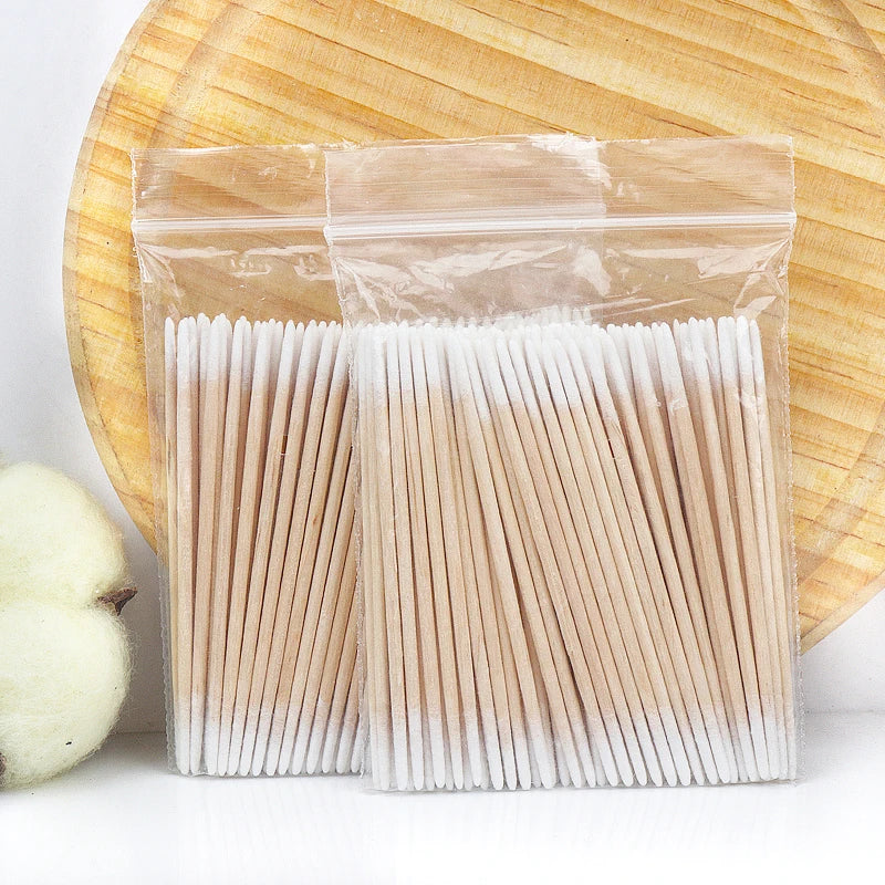 Disposable Small Double-end Wood Cotton Swab 100pcs Lint Free Micro Brushes Eyelash Extension Glue Removing Tools