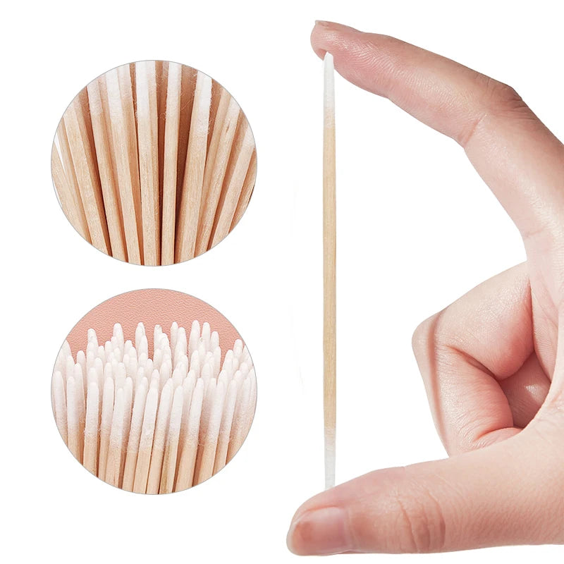 Disposable Small Double-end Wood Cotton Swab 100pcs Lint Free Micro Brushes Eyelash Extension Glue Removing Tools
