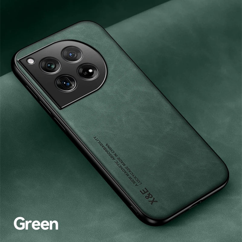 Elegant Leather Phone Case for OnePlus 12 12R Protective Shockproof Cover with Built-in Magnetic Car Holder