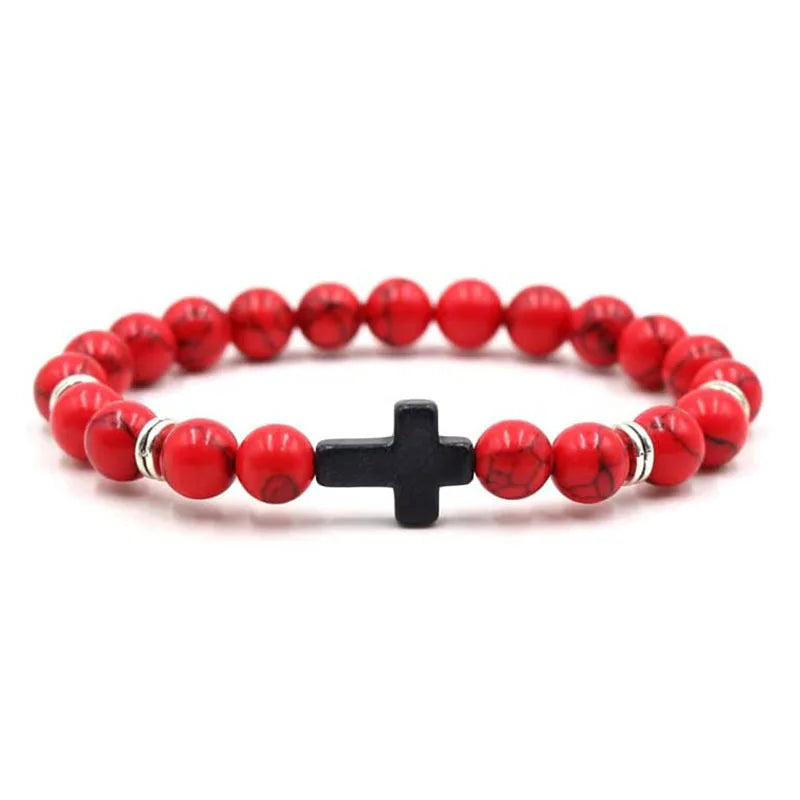 Rosary Cross Natural Stone Wood Beads Hematite Bracelets Prayer Meditation Bracelet for Men Women Yoga Jewelry
