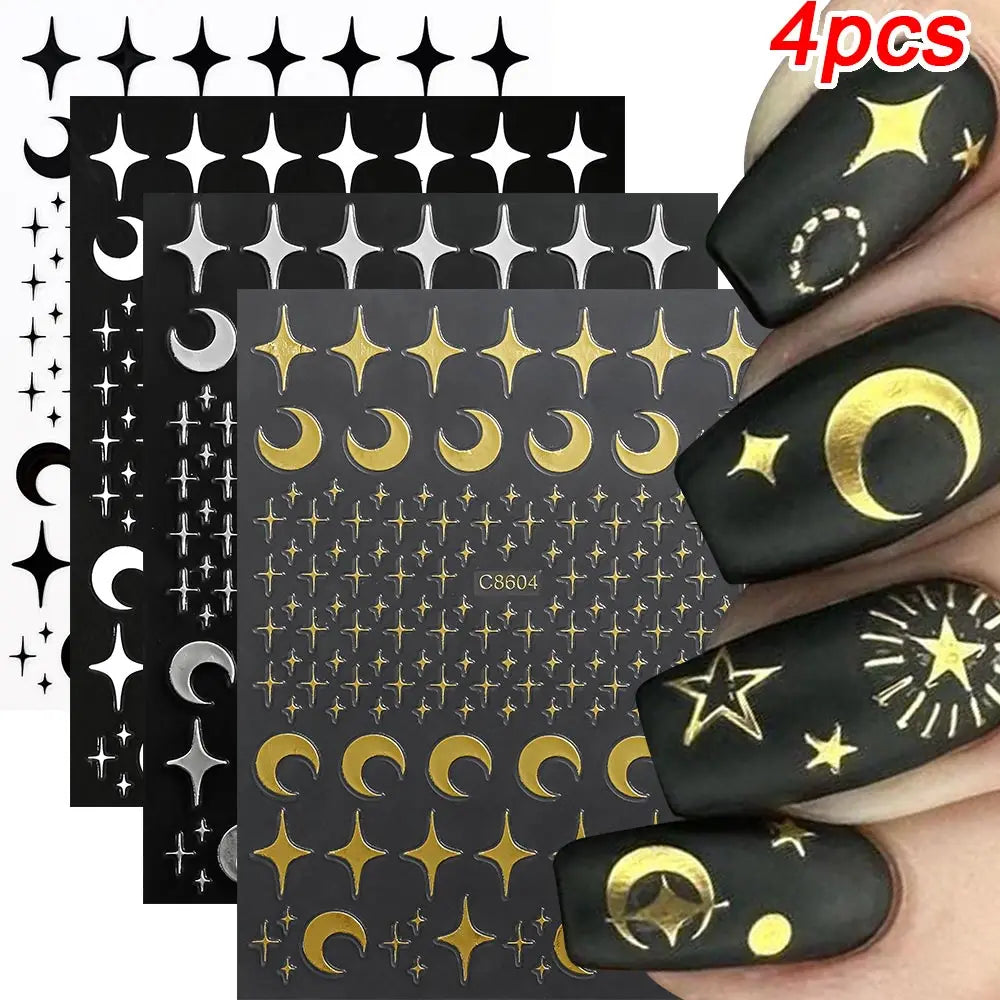 Star Sun Moon 3D Nail Stickers Bronzing Nail Art Gold Silver Styles Decal Self-Adhesive Slider
