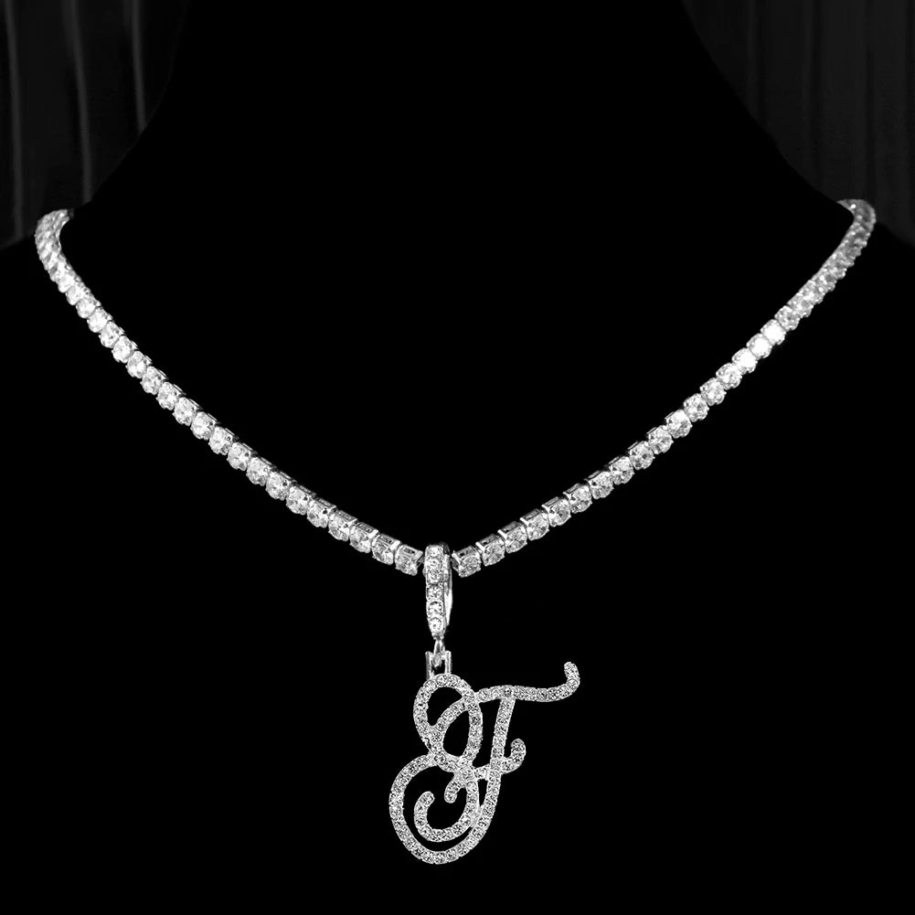 Elegant Sparkling Cursive Initial Name Letters Silver Gold Color Pendant Necklace Zircon Bling Alphabet Jewelry