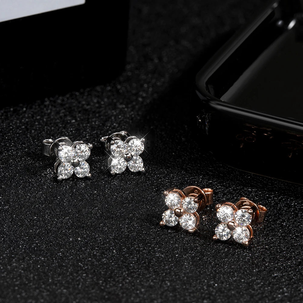 Stylish Moissanite Flower Stud Earrings for Women Girls 4 Round Stones VVS1 Quality S925 Sterling Silver Jewelry