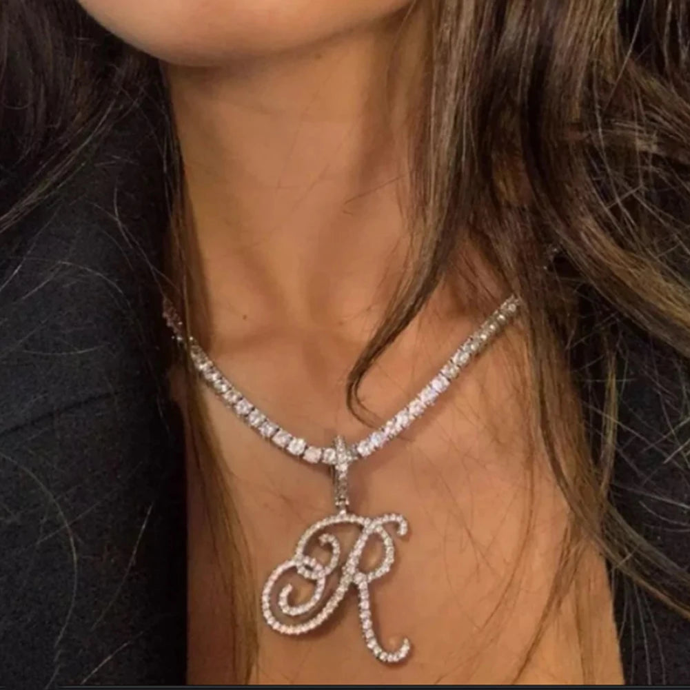 Elegant Sparkling Cursive Initial Name Letters Silver Gold Color Pendant Necklace Zircon Bling Alphabet Jewelry
