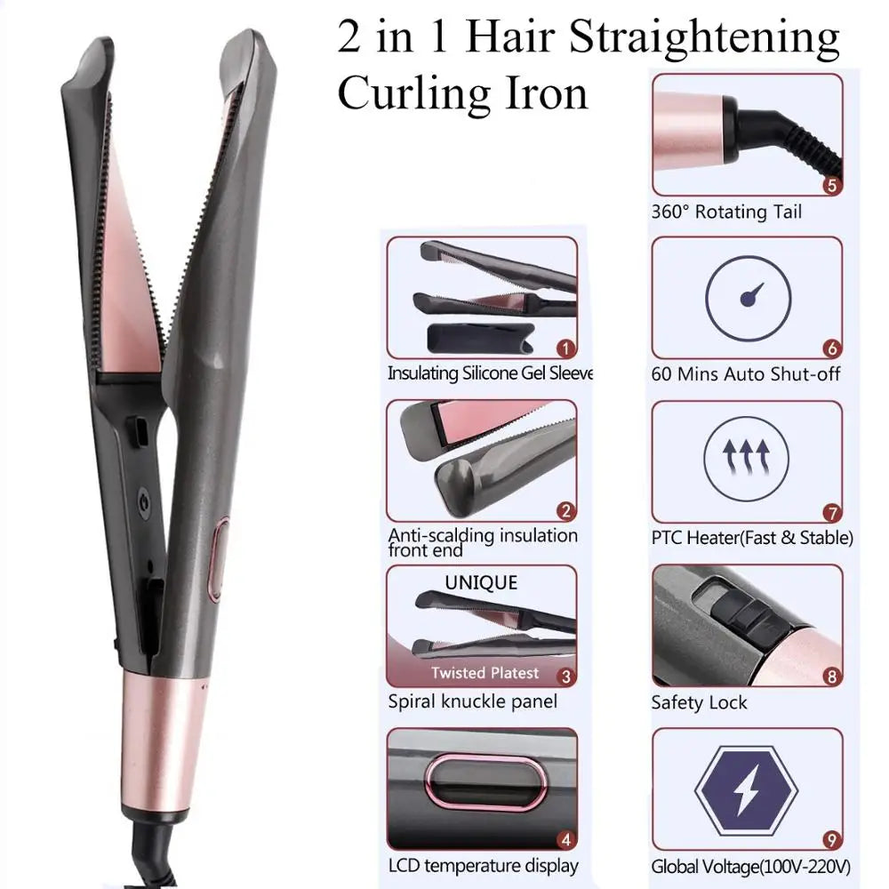 Professional 2 in 1 Negative Ion Twist Hair Straightener and Curler Straightening Curling Iron Fast Heating Hair Styling Tool