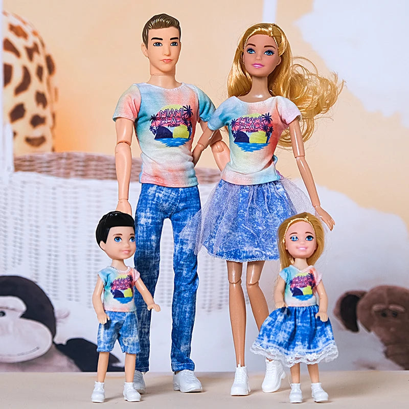 Family Doll Toy Set of 4 People Mom Dad Kids Dress Up Doll Kids Toys Full Set With Clothes for Girl Boy Education Birthday Gift 30cm