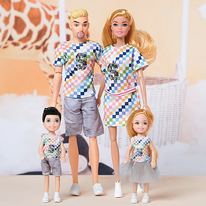 Family Doll Toy Set of 4 People Mom Dad Kids Dress Up Doll Kids Toys Full Set With Clothes for Girl Boy Education Birthday Gift 30cm