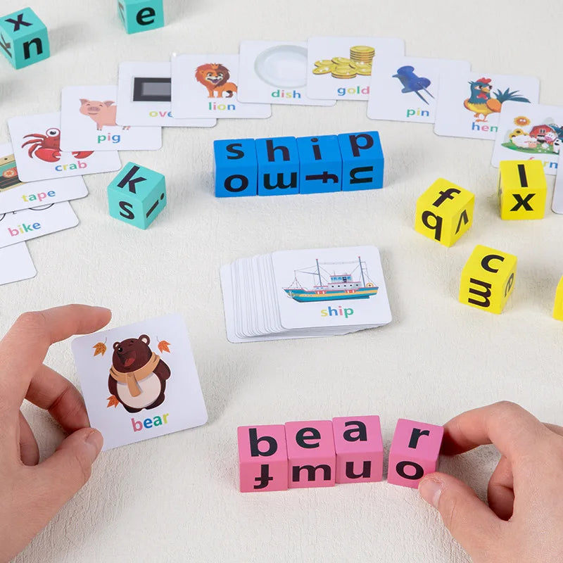 Exciting Word Alphabet Learning Spelling Game Toy for Preschool Boys and Girls, Letters Reading Wooden Building Blocks with 40 Cards
