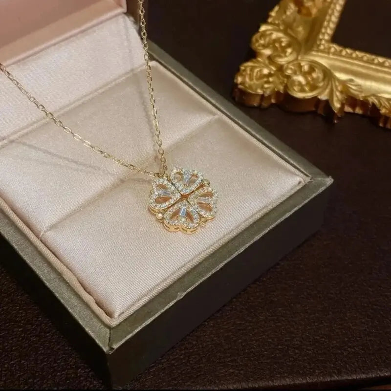Elegant Dual Wear Magnet Crystal Four Hearts Clover Flower Pendant Necklace for Women Stainless Steel Neck Chain Jewelry Accessories