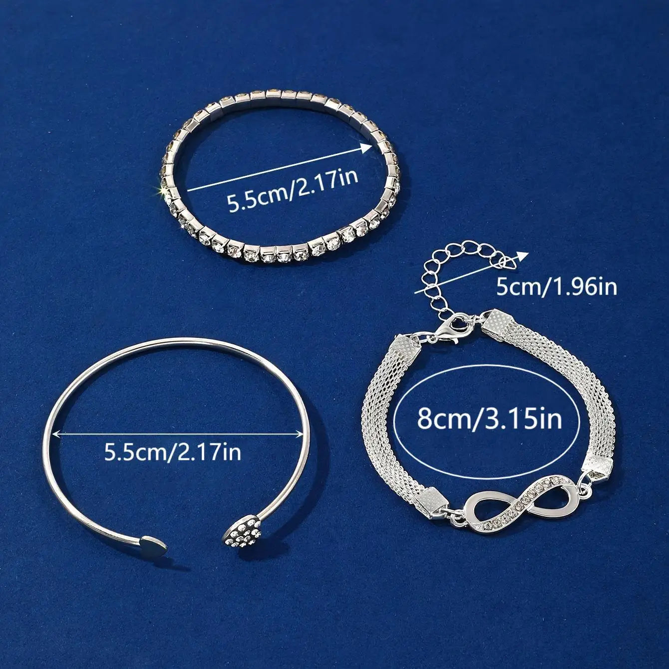 Infinity Heart Set Crystal Rhinestone Bracelets for Women Fashion Silver Gold Color Geometric Adjustable Cuff Bangle Jewelry