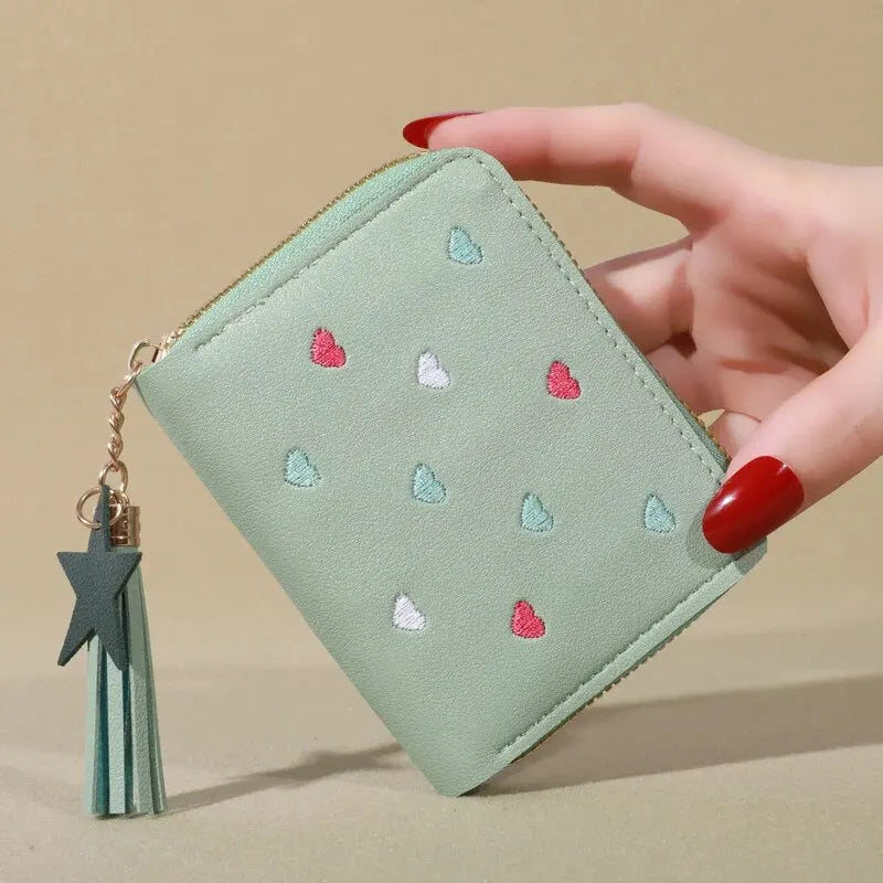 Mini Tassel Embroidered Women's Cute Clutch Wallet Short Style Zipper Hearts Star PU Leather Coin Purse Ladies Clutch Hand Wallet